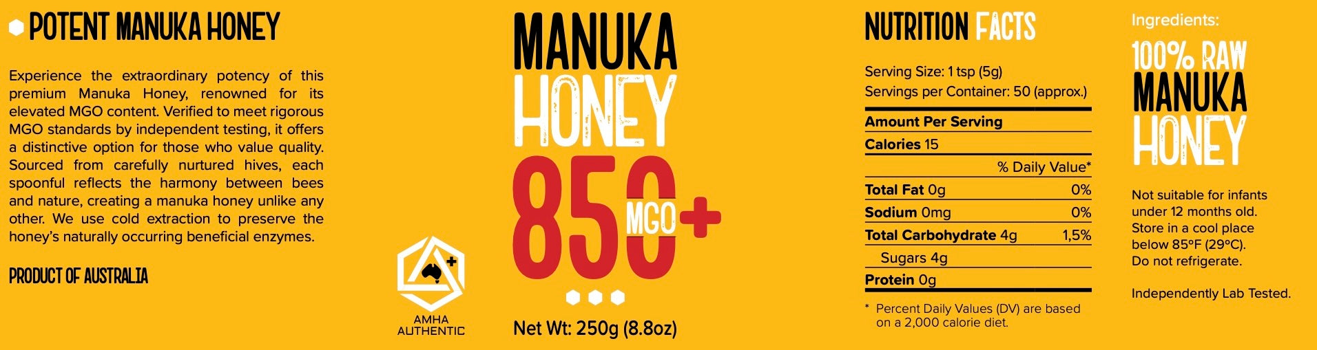 Medicinal Manuka Honey 850+ MGO (250g/8.8oz)