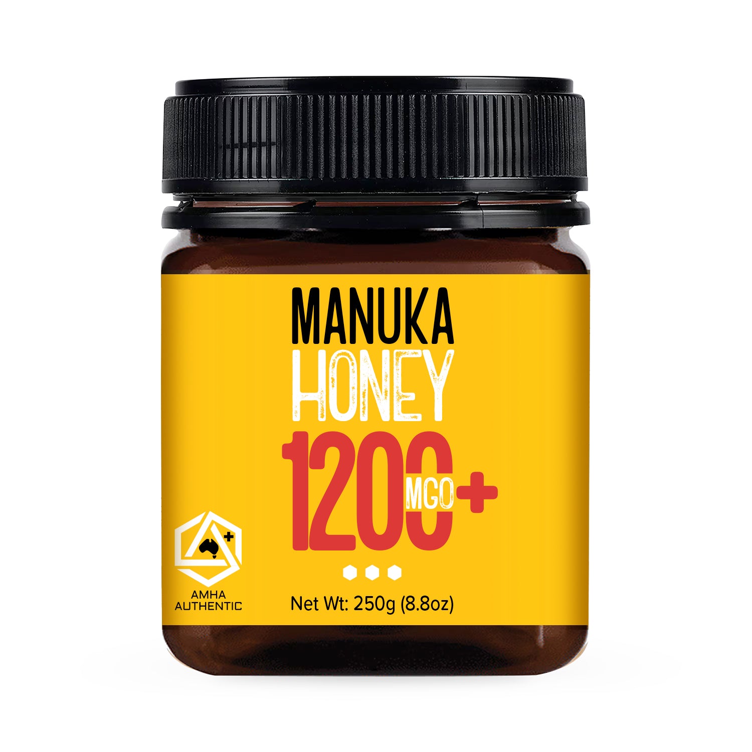 Jar of Manuka Honey 1200+ MGO with a yellow label on a white background