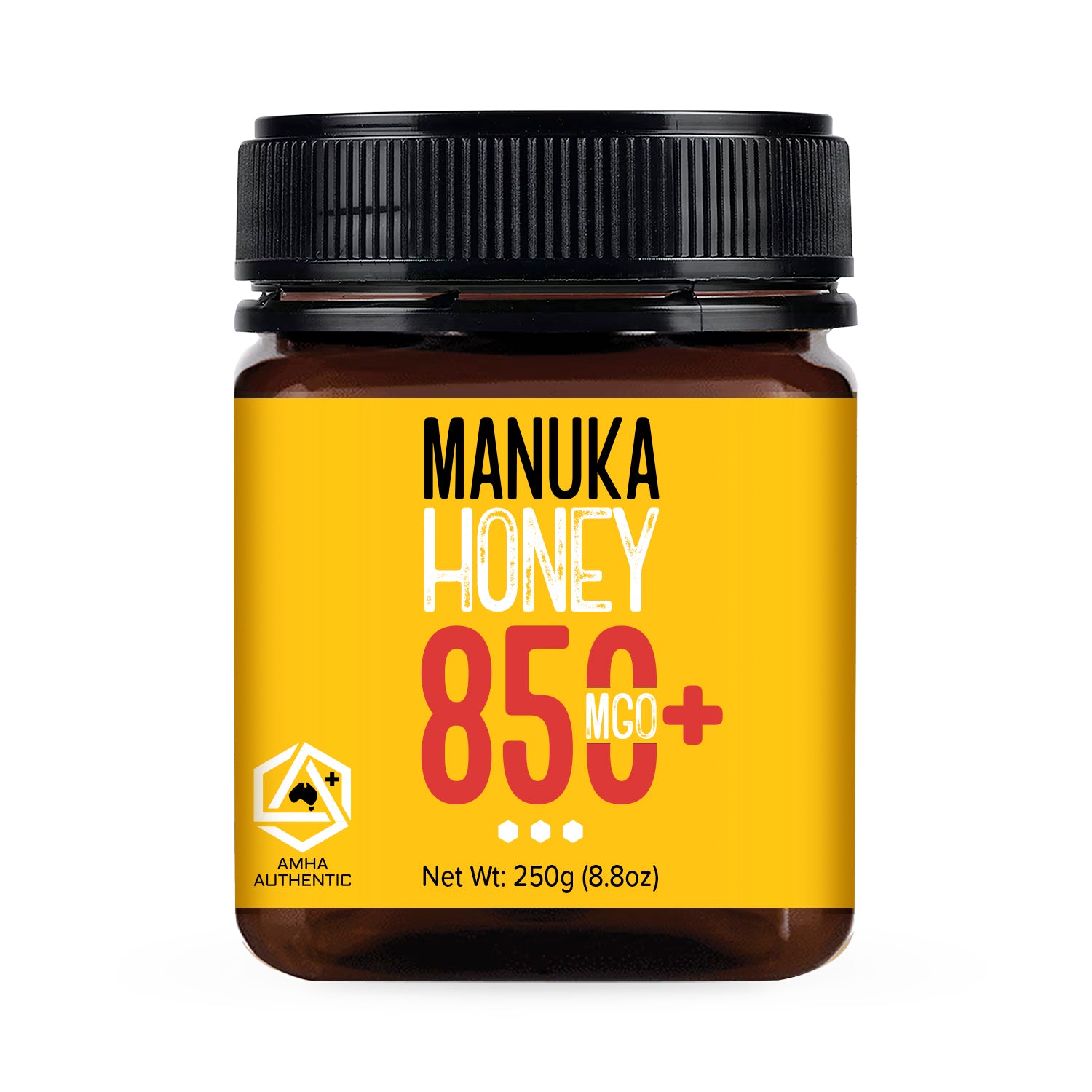 Jar of Manuka Honey 850+ with a yellow label on a white background